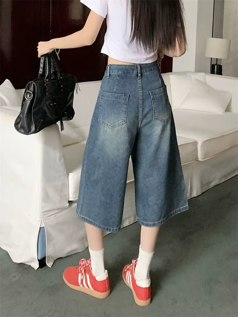 Shorts en jean vintage style américain Y2K pour femme, coupe ample, taille haute, délavage, longueur