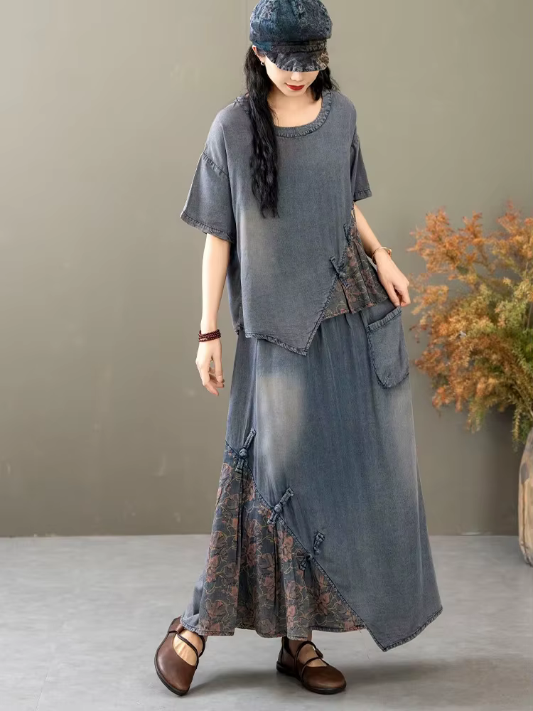 AmaxluluE 2025 costumes d'été femmes chinois 2 pièces ensembles décontracté imprimé Denim tenues de 