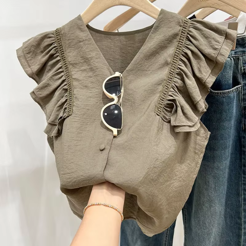 Chemises à manches volantes pour femmes, style français, à volants, de niche, solide, tout assressen