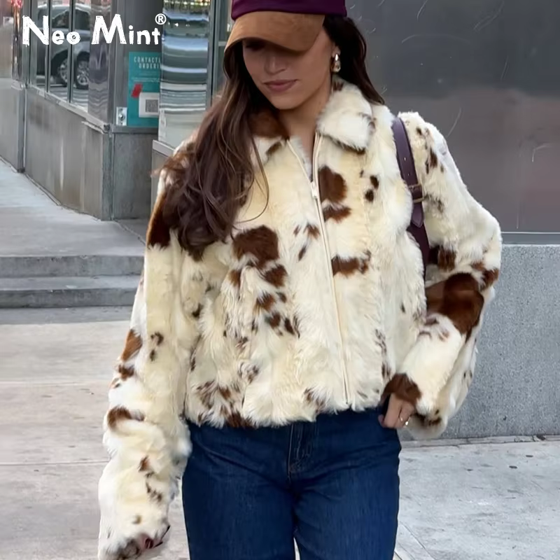 Neo Mint Chic Street Girls vache imprimé manteau de fourrure femmes 2025 hiver nouvelle marque de mo