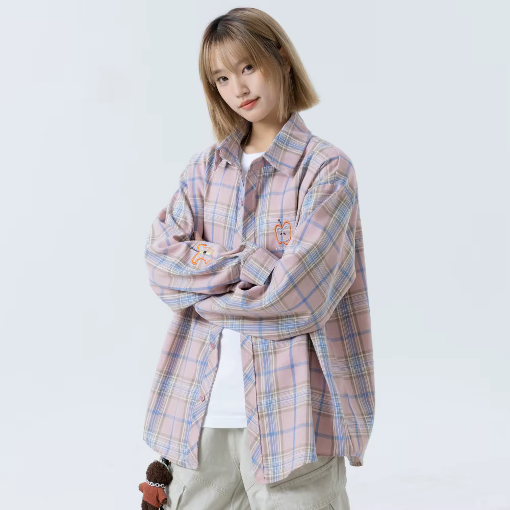 Chemisier à carreaux oversize pour femme avec broderie pomme – Blouses et chemises décontractées ten