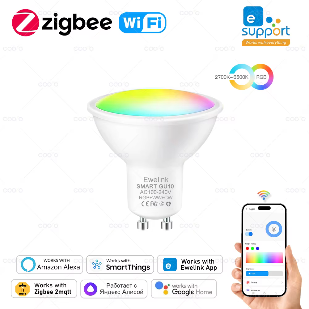 Zigbee GU10 lampe à LED Wifi projecteur intelligent Lampara 5W 110V 220V RGB + C + W ampoule à inten