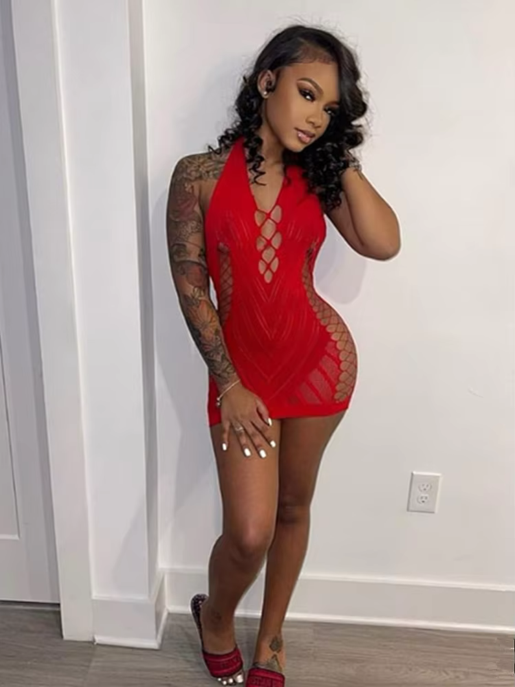 Robe courte dos nu en dentelle transparente pour femmes, chemise de nuit dos nu creux, pyjama sexy, 