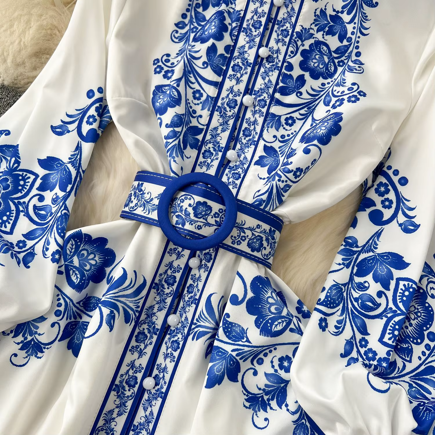 Robe en porcelaine rouge et blanche pour femmes, nouvelle mode, manches longues lanterne, imprimé Fl