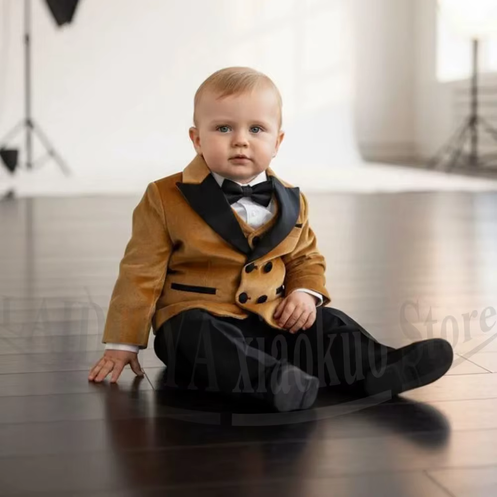 Ensemble de costume de smoking en velours pour bébés garçons, avec nœud papillon noir, pour mariage,