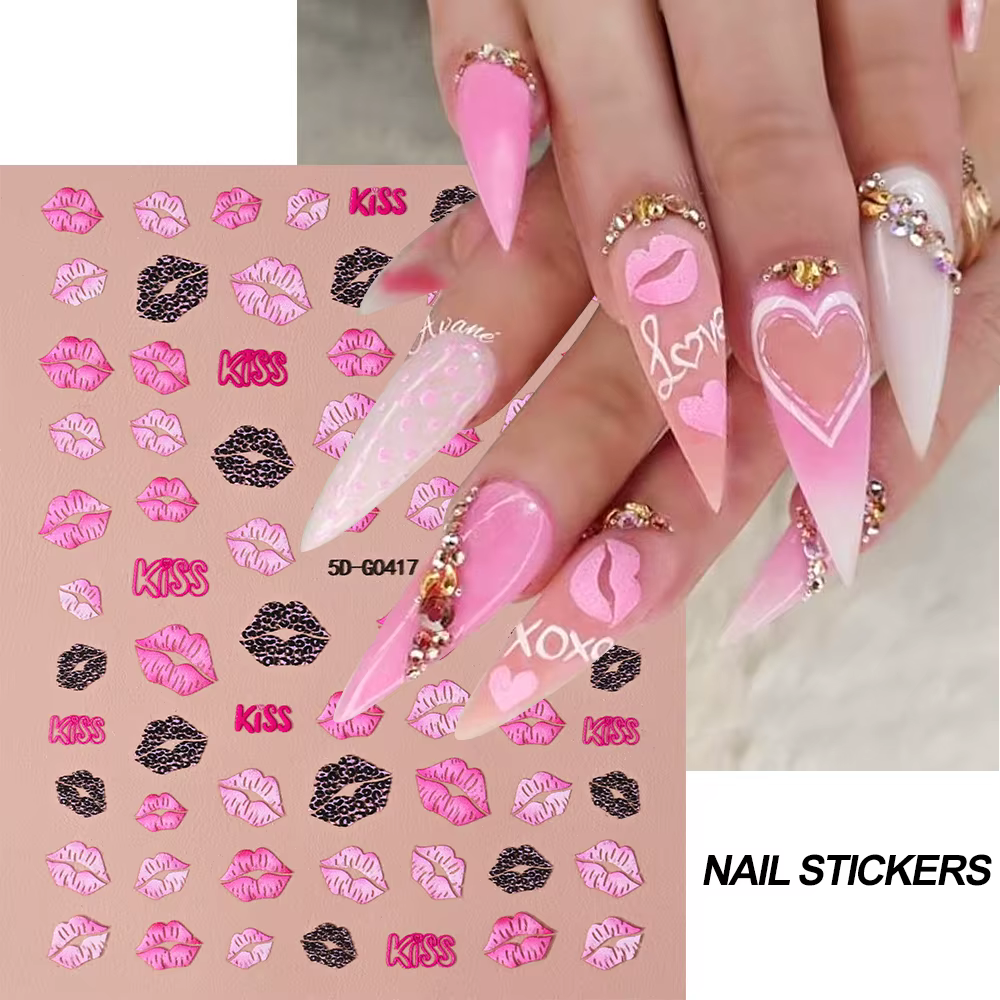Autocollants 5D en Relief pour Ongles, Lèvres Rouges/Roses, Décalcomanies Romantiques de Luxe, Curse