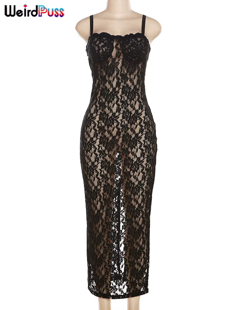 Bizarre chat dentelle noir femmes robe Maxi voir à travers sans manches dames Sexy Coquette discothè