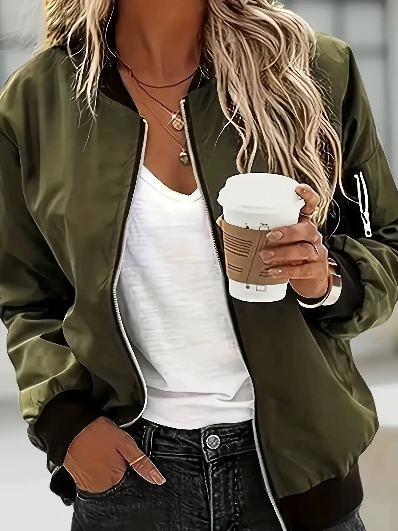 Veste bomber décontractée pour femme à manches longues avec fermeture éclair, coupe-vent léger avec