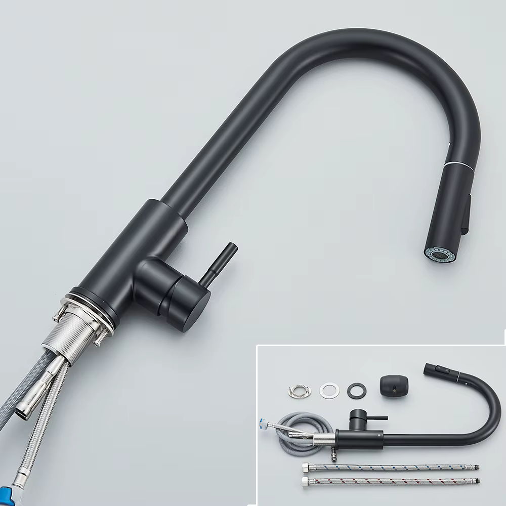 Robinet de cuisine noir à deux fonctions, mélangeur extractible à poignée unique, robinets d'eau cha