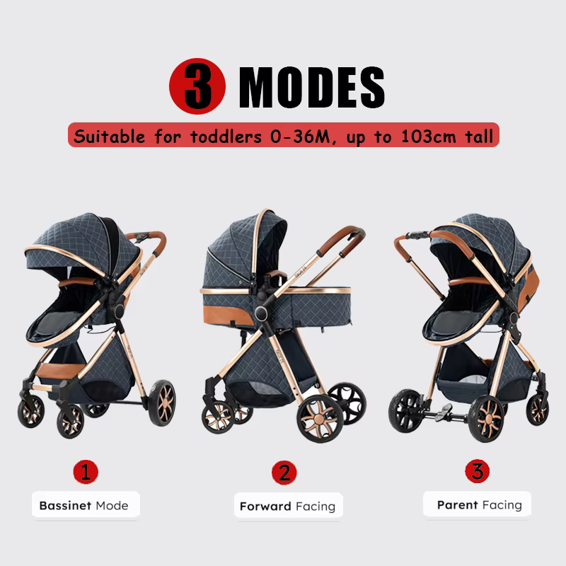Landau, poussette et poussette compact 3 en 1 avec dossier réglable, tissu respirant et facile à une