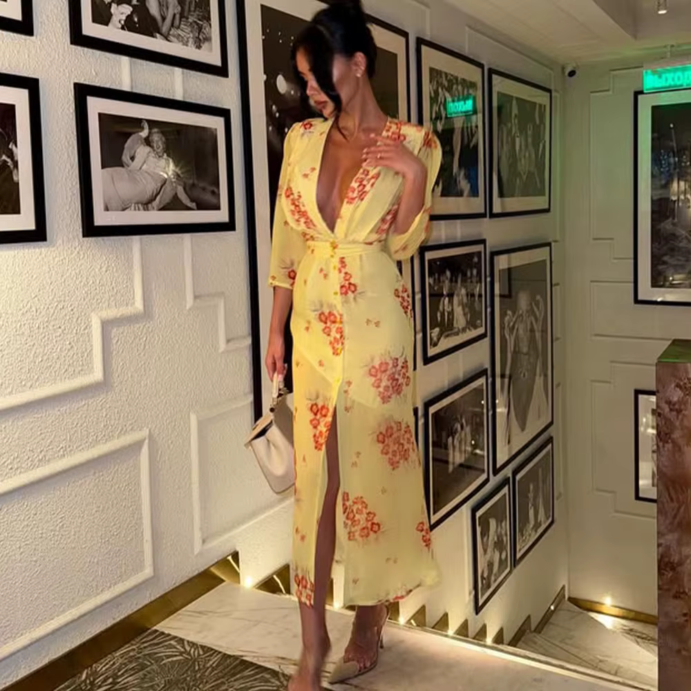 Akaily 2025 automne robe longue florale en mousseline de soie la plus vendue-robe moulante Sexy col 