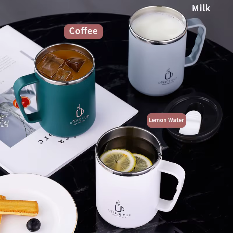 Tasse à café à double couche en acier inoxydable 500 avec couvercle et poignée en plastique, bouteil