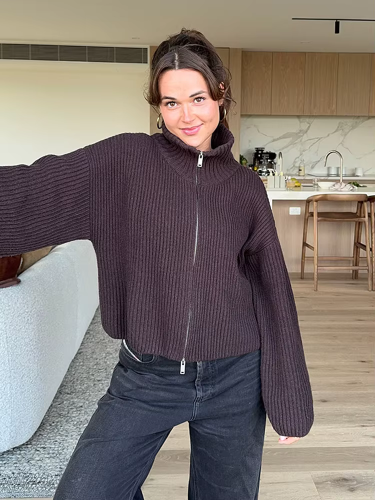 Cardigan décontracté en maille rayée pour femme, avec double fermeture éclair, manches longues, col 