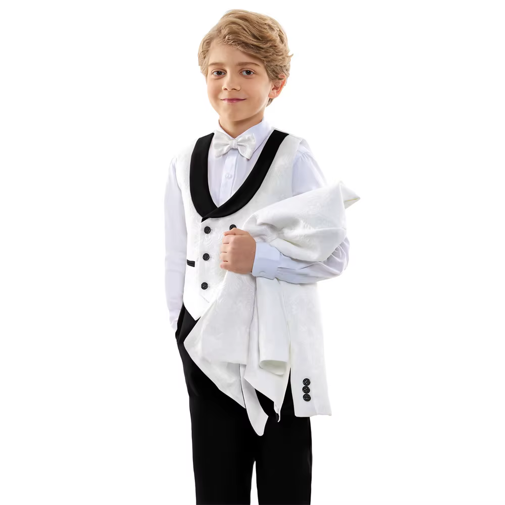 Costume formel élégant texturé blanc et noir pour enfants, smoking à fleurs pour garçon, pour mariag