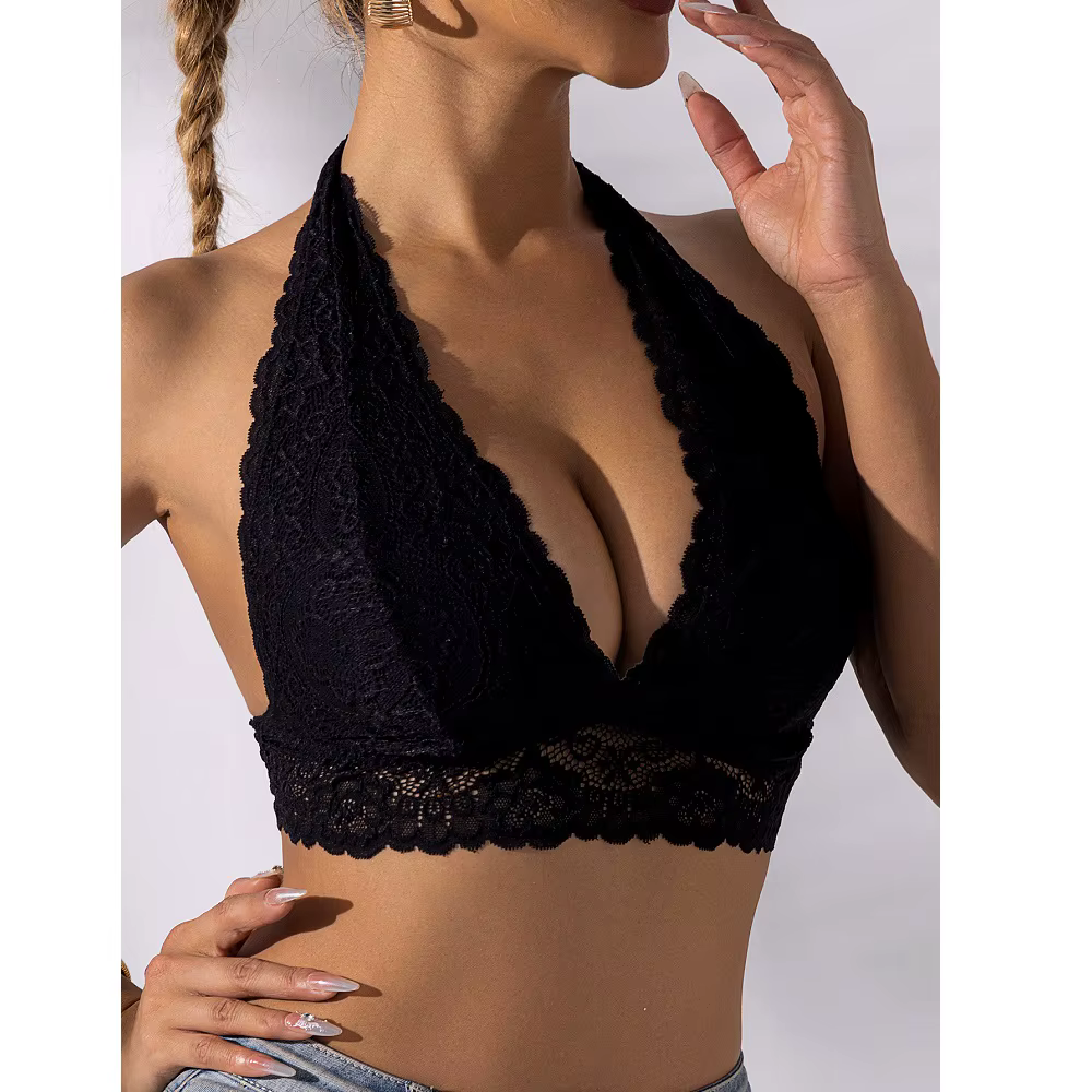 Grande taille Sexy dentelle florale dos nu licou soutien-gorge confortable et respirant col en v pro