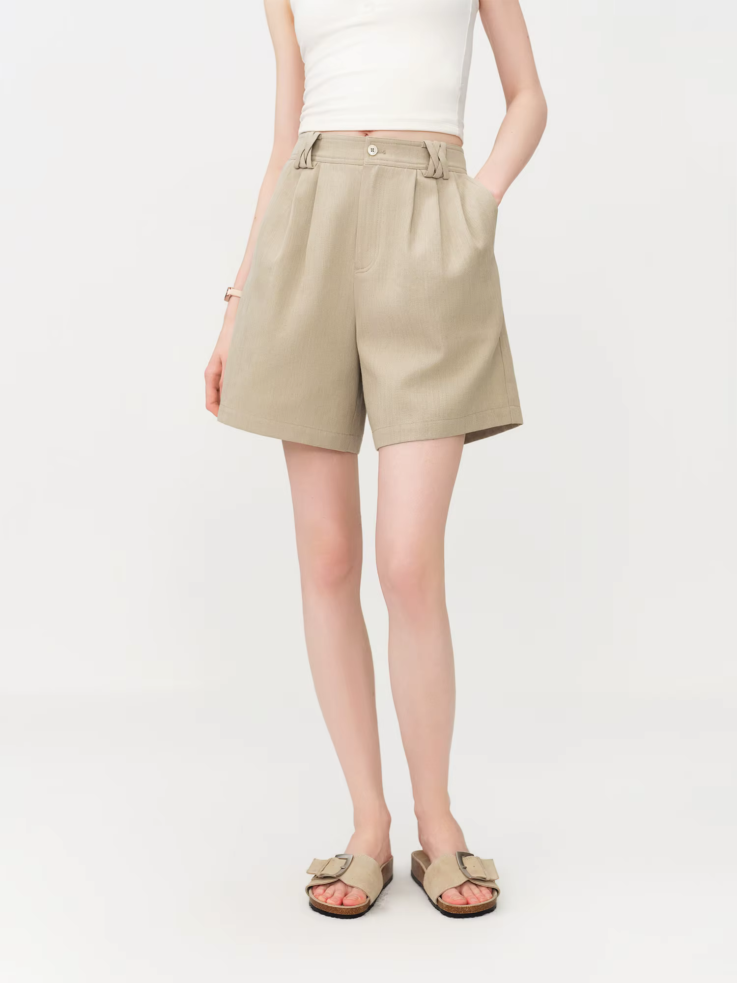 Shorts décontractés classiques en mélange de lin pour femme FSLE 2026 - Couleur unie, coupe régulièr