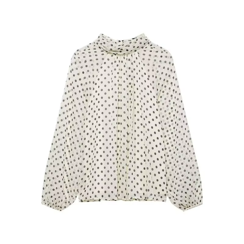 Chemisier élégant à pois pour femme, chemise en mousseline à col superposé et manches lanternes avec