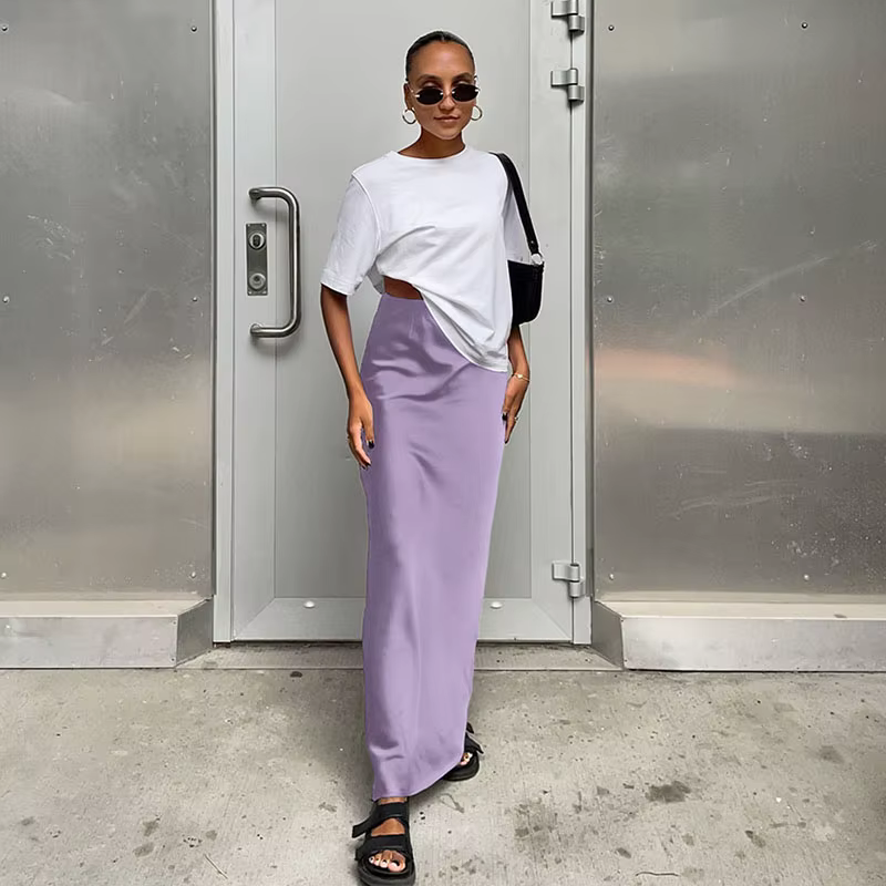 Jupe trompent en satin noir pour femme, élégante, taille haute, mince, couleur unie, longue, bureau,