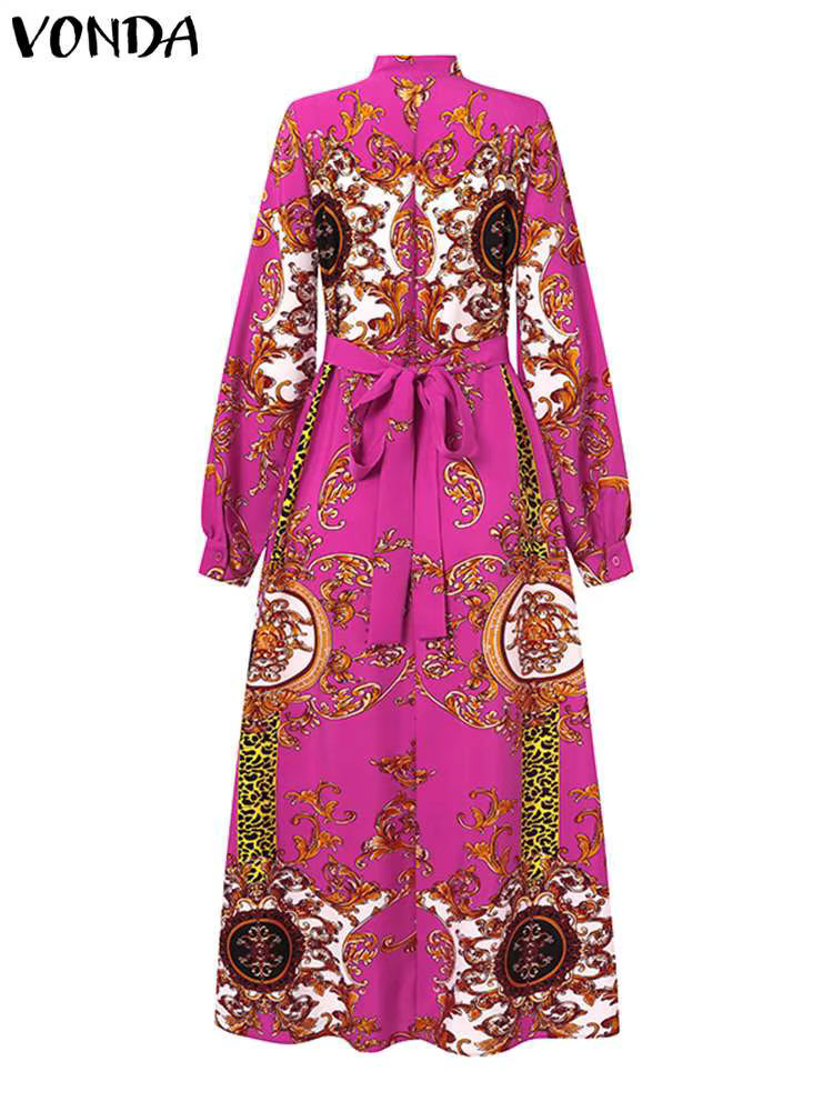 VONDA Robe Maxi 2024 été femmes bohème imprimé fête Robe d'été à manches longues col montant Robe dé