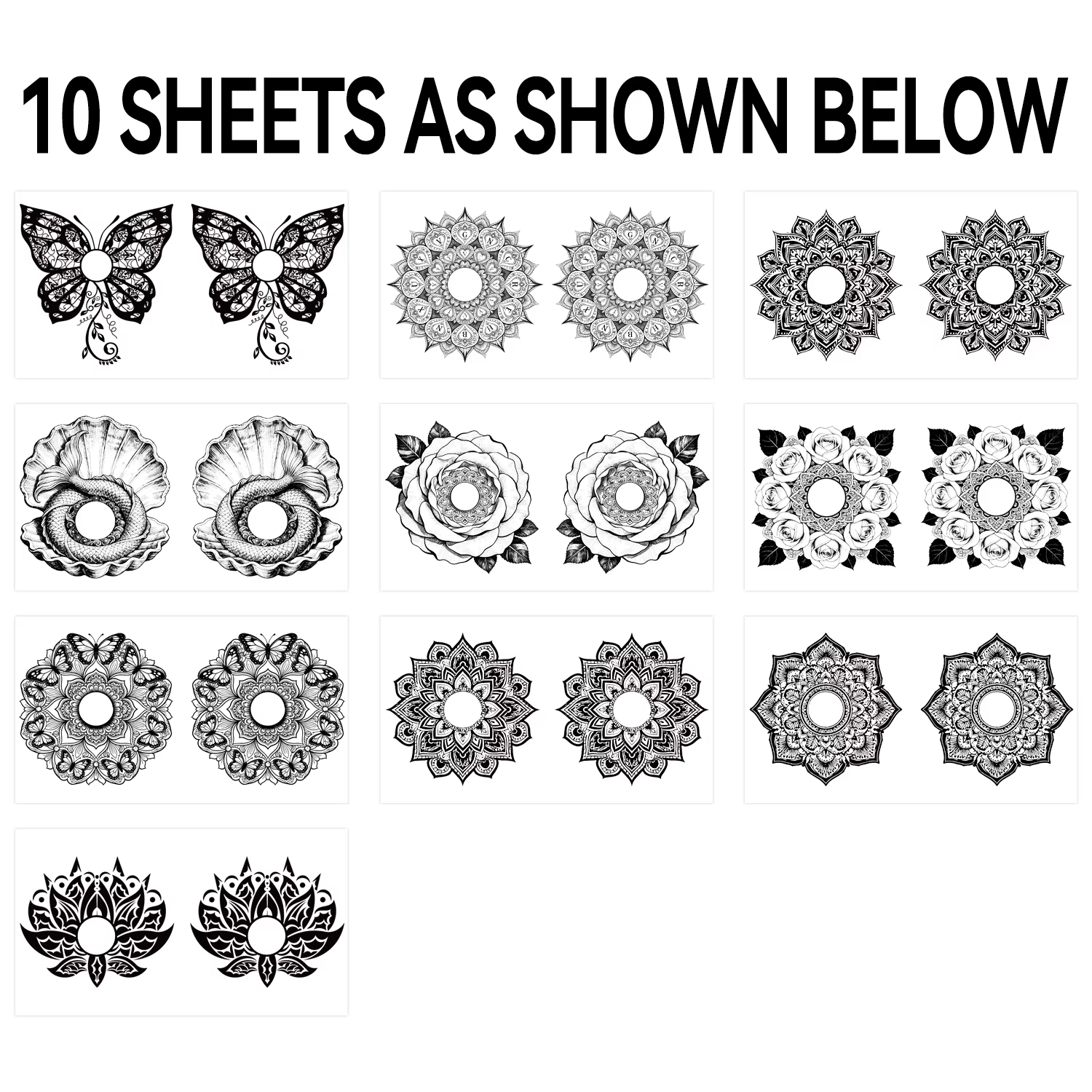 10 feuilles de tatouages sexy pour la poitrine pour adultes, tatouages mandala et papillon, autocoll