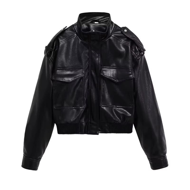 ETJ 2025 Nouvelle collection femme : veste courte moto col montant Y2K grande poche veste en simili 