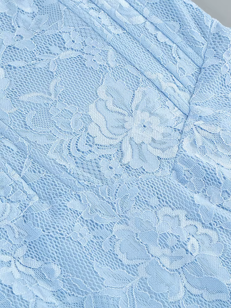 Mini robe dos nu à manches longues pour femmes, dentelle bleue découpée sexy, tambour lourd, robes c