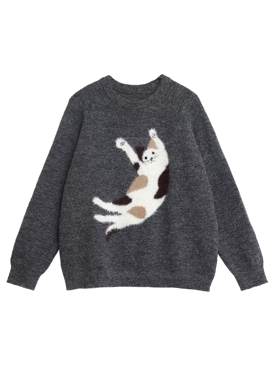 CHIC VEN femmes chandails ample décontracté O cou tricoté dessin animé chat chaud tricot pull femme 