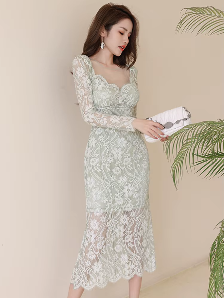 Robe maxi en dentelle transparente pour femme, robe de soirée, robe de vacances, dentelle transparen