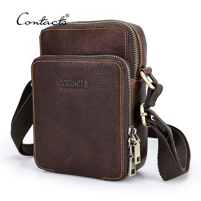 CONTACT'S – Mini sac à bandoulière en cuir véritable pour hommes, pochette pour téléphone, voyage dé