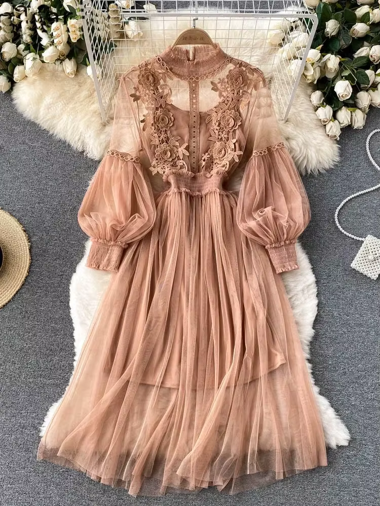 Robe tridimensionnelle pour femmes, crochet à fleurs, maille, tempérament, col montant, manches lant