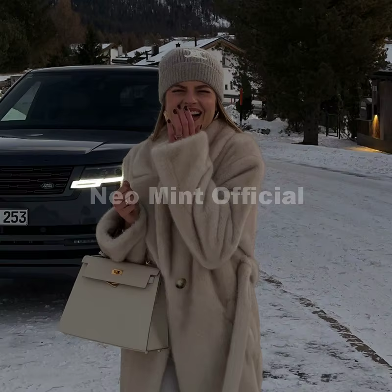Neo Mint ceinturé fausse fourrure de vison manteau femmes 2025 hiver Beige dégradé fourrure veste de