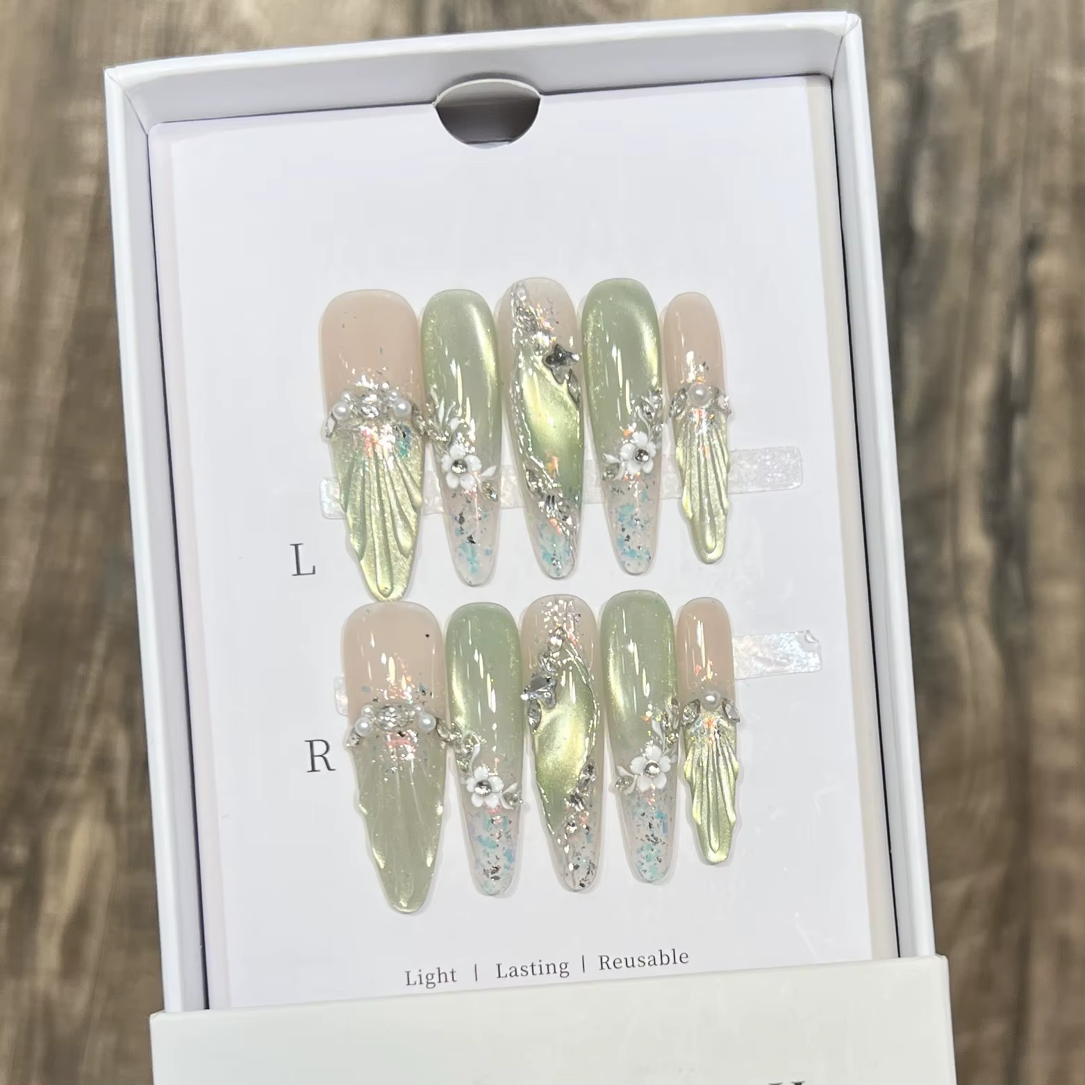 10 pièces rose oeil de chat faux ongles 3D papillon faux ongles diamant perle presse sur ongles dégr