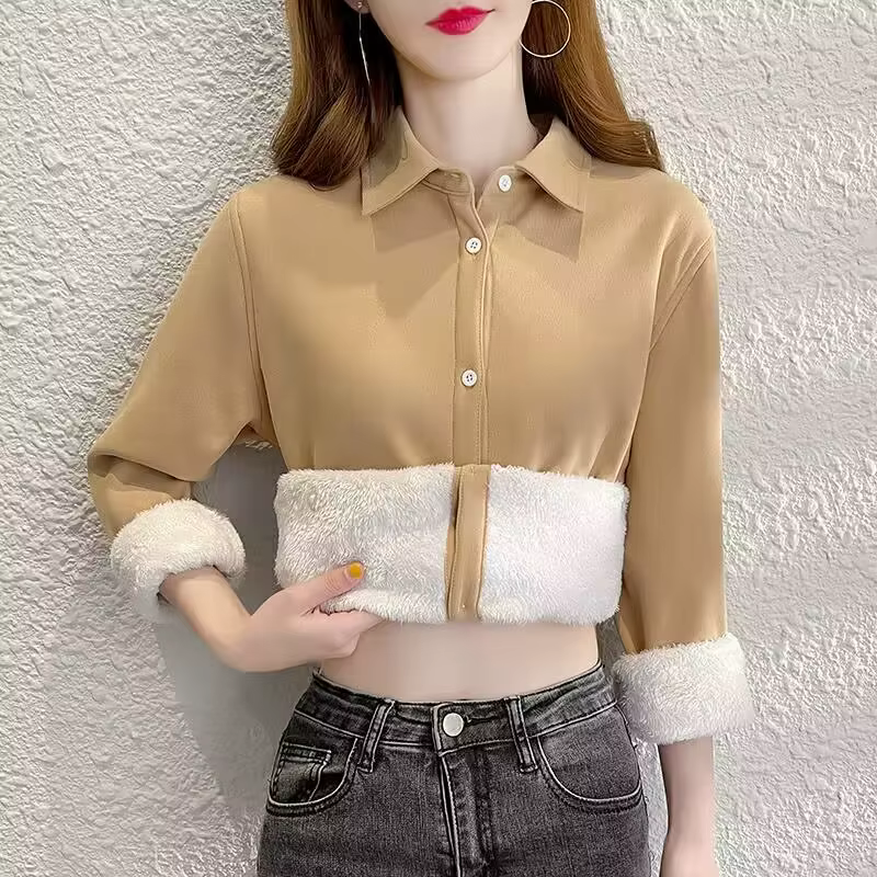Chemise en Velours Côtelé à Manches sulfpour Femme, Vêtement Chaud et Décontracté, de Couleur Unie,