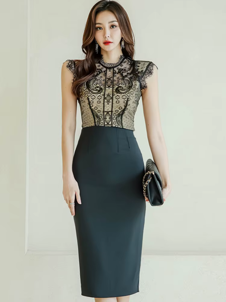 Robe en dentelle noire pour femme, tenue de bureau élégante, version coréenne, col montant, taille h