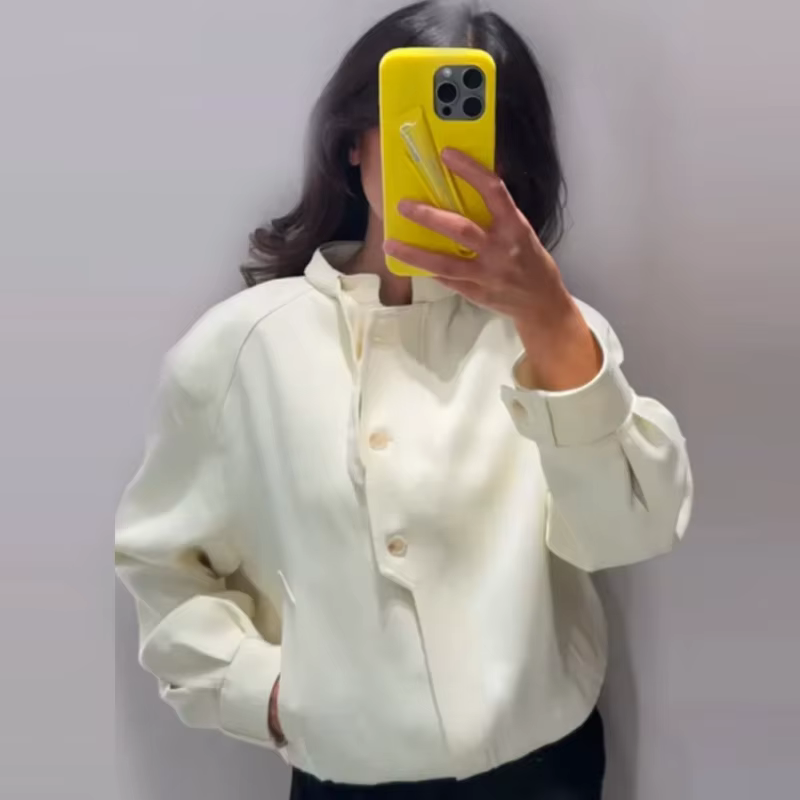HXAO 2025 femmes Bomber veste automne hiver bouton surdimensionné vêtements d'extérieur Beige à manc