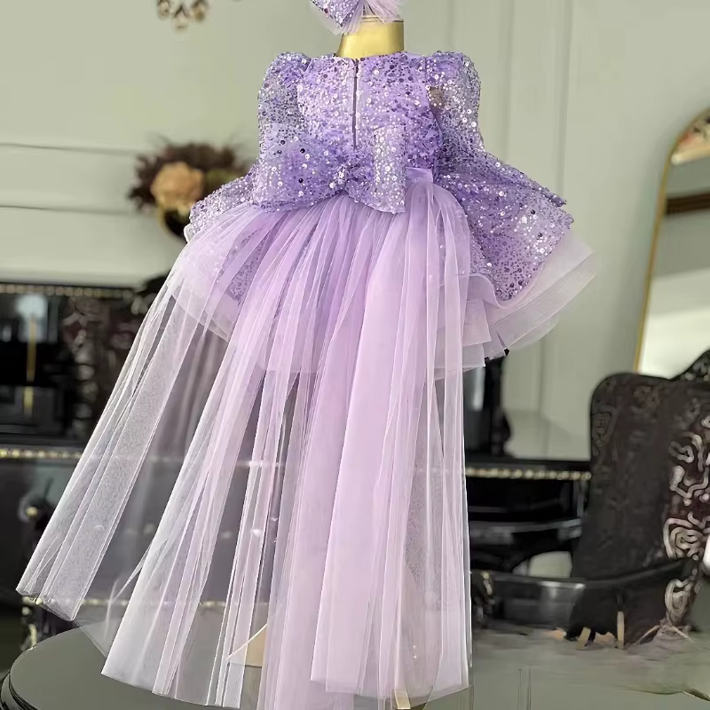 Robe de princesse à manches longues et sequins pour enfants 2026 – Tenue de soirée formelle, idéale 