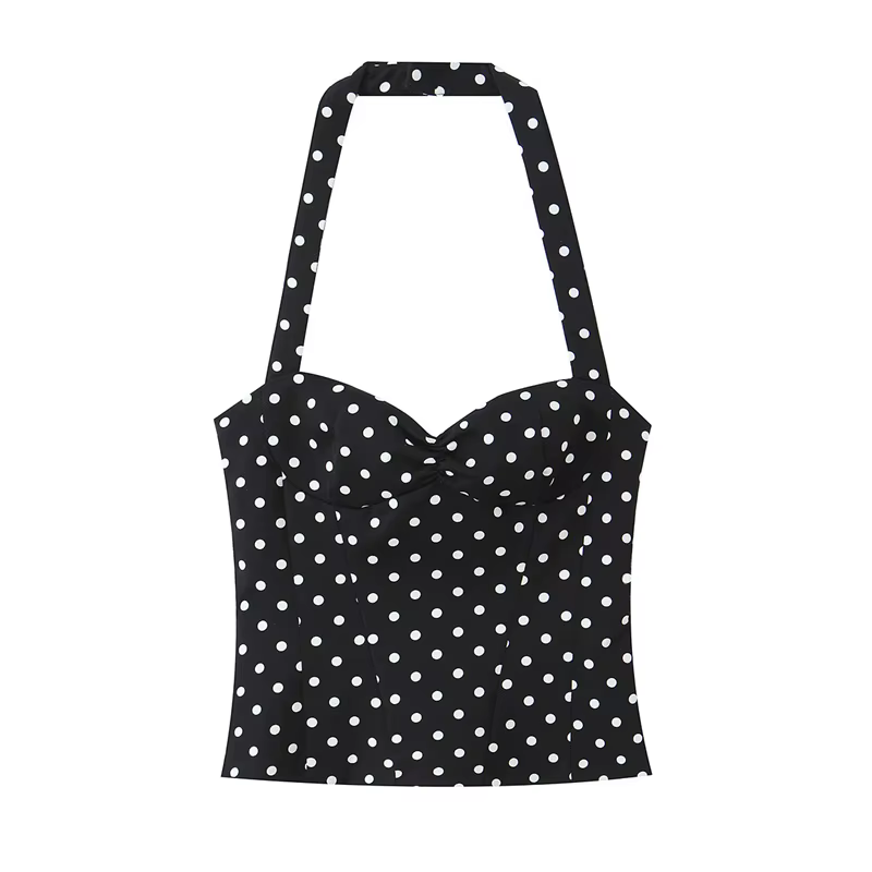 Haut pour femme, nouveau style été 2026, couleur unie, décor à pois, col halter, haut sexy, style va