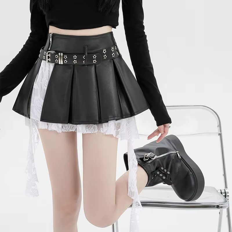 Femmes noir gothique épissé dentelle bord a-ligne Mini jupe Y2K Harajuku années 2000 Style académie