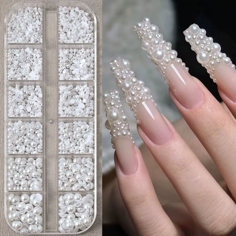 12 grilles de perles blanches 3D, breloques pour ongles, 1.5-5mm, perles rondes/demi-rondes, strass,