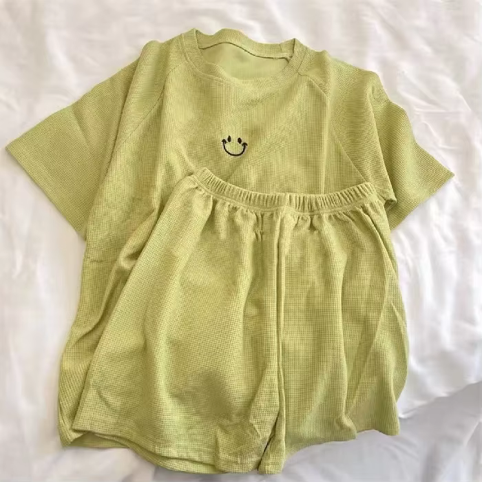 Pyjama de Style coréen pour femmes, ensemble 2 pièces, gaufré à carreaux, manches courtes, vêtements