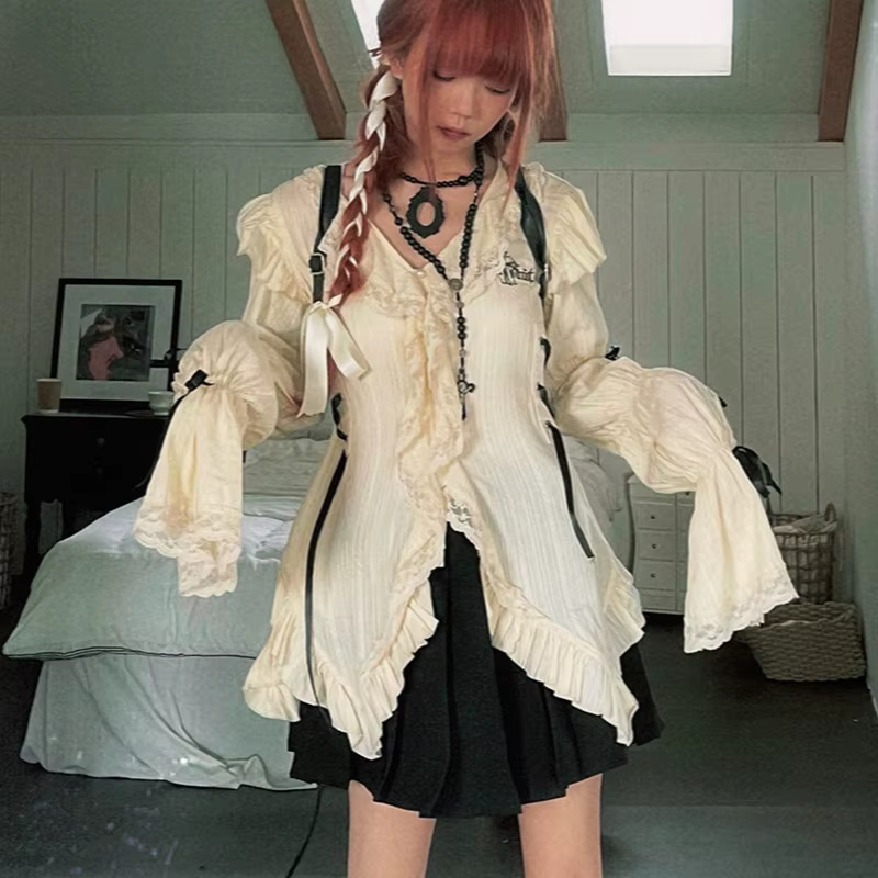 Chemise en dentelle esthétique, chemisiers irréguliers gothiques grunge, chemise bandage Harajuku, v