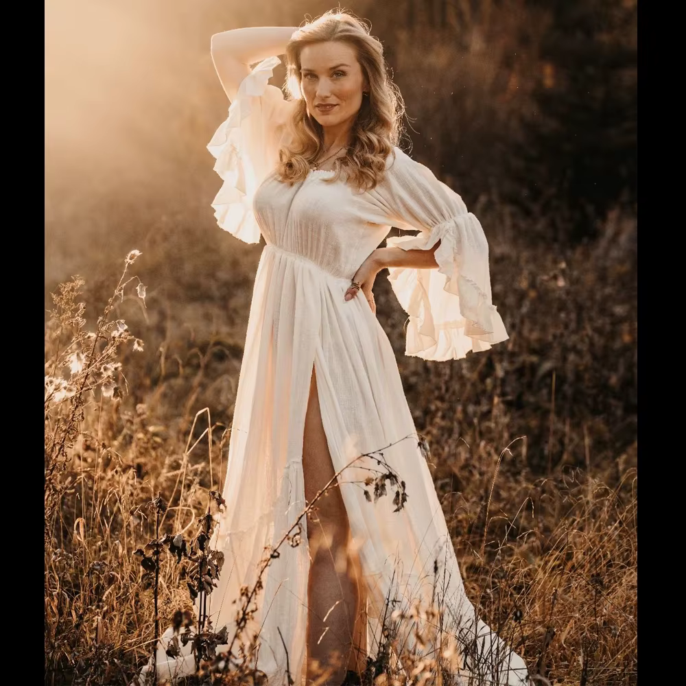 Robe de Femme Enceinte Style Boho, Confortable, Lin, Coton, Dentelle, Manches sulf, Tenue de Photogr