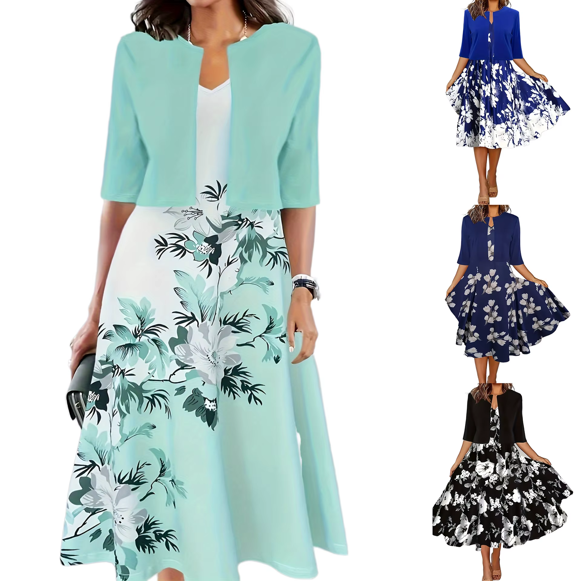 Robe longue pour femmes, ensemble deux pièces imprimé floral, col rond, manteau, Europe et états-uni