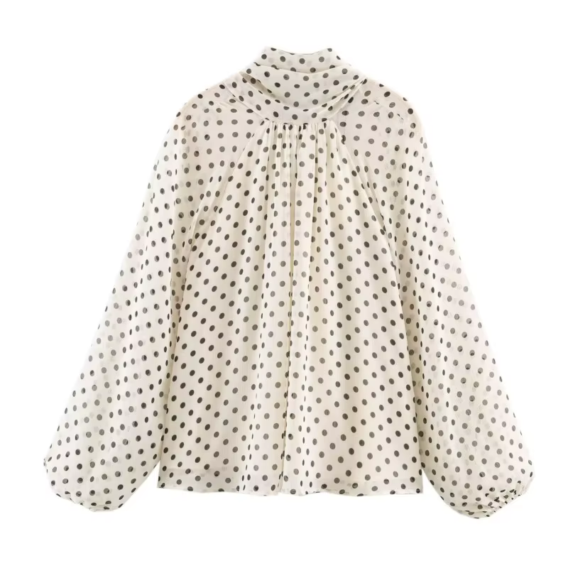 Femmes à pois imprimé Blouse décontracté col haut à manches longues dame haut Simple femmes Blouse f