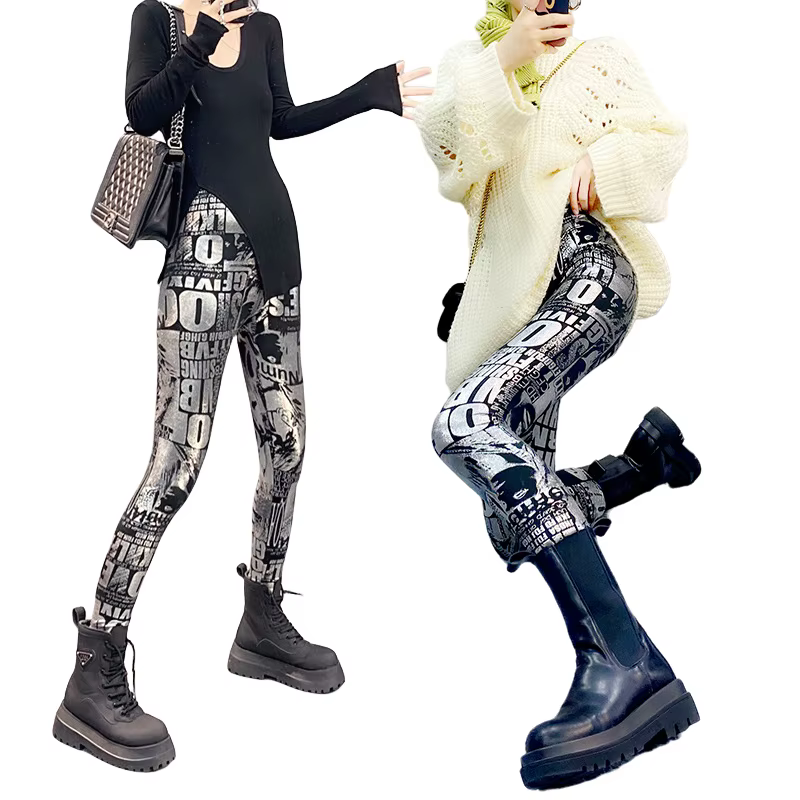 Automne hiver mode femmes métallique Graffiti imprimé Leggings imprimé brossé Leggings or argent dam
