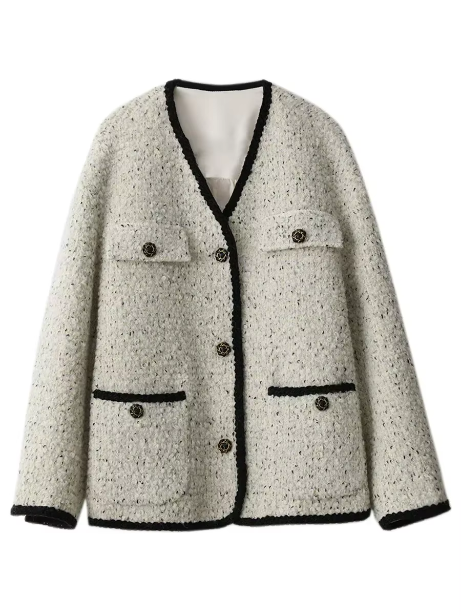 CHIC VEN-Manteau en laine vintage pour femme, veste en duvet, col en V, rapIndustry, automne, hiver,