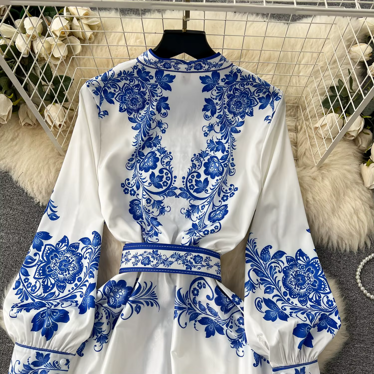 Robe en porcelaine rouge et blanche pour femmes, nouvelle mode, manches longues lanterne, imprimé Fl