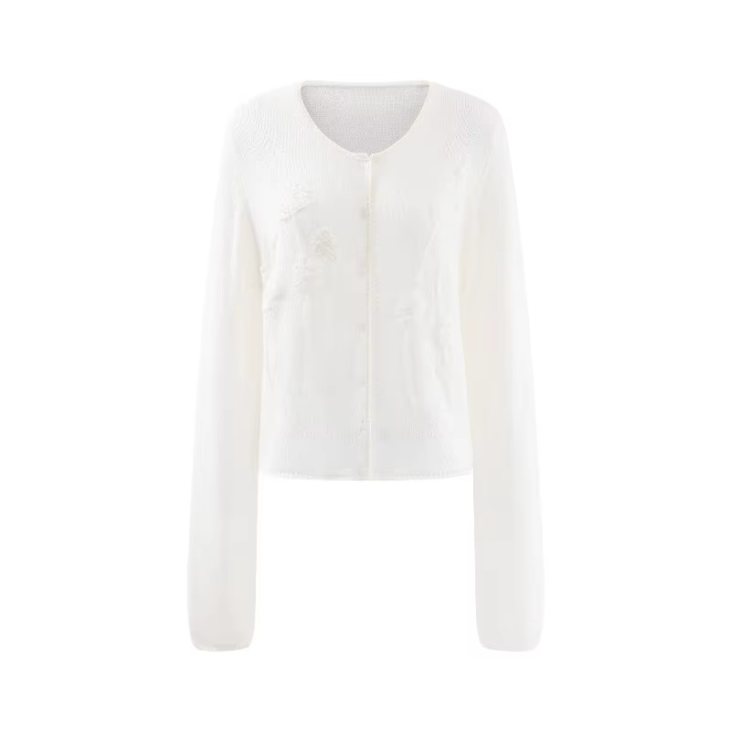 Cardigan en laine tricoté pour femme, col rond, manches longues, crocheté à la main, élégant et déco