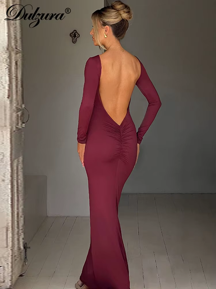 Dulzura – robe Maxi froncée, dos nu, couleur unie, automne-hiver, vêtements pour femmes, Sexy, éléga