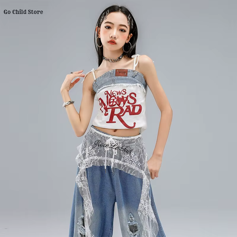 Filles Hip Hop Crop Débardeur Débardeur Déchiré Jeans Enfants K-pop Cami Top Denim Pantalon Street D